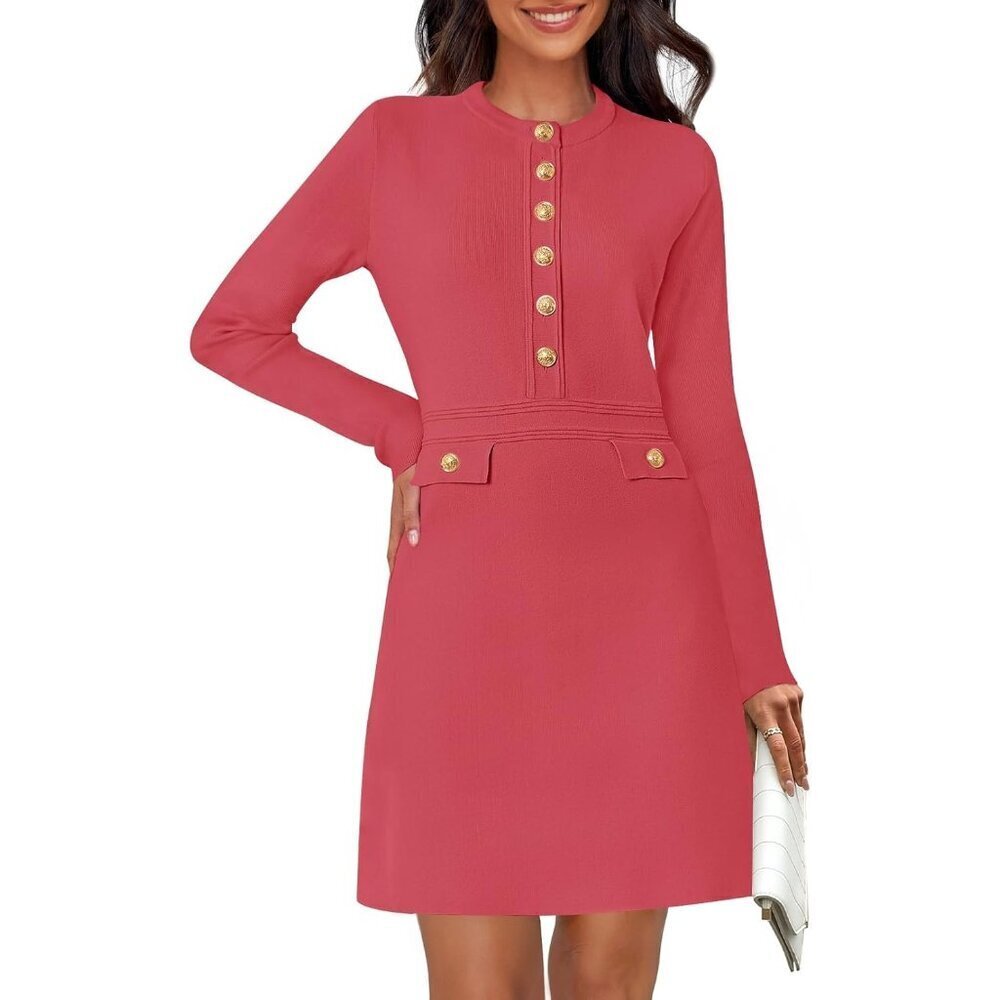 Merokeety Women's Watermelon Long Sleeve Sweater Button Crew Neck Mini Dresses